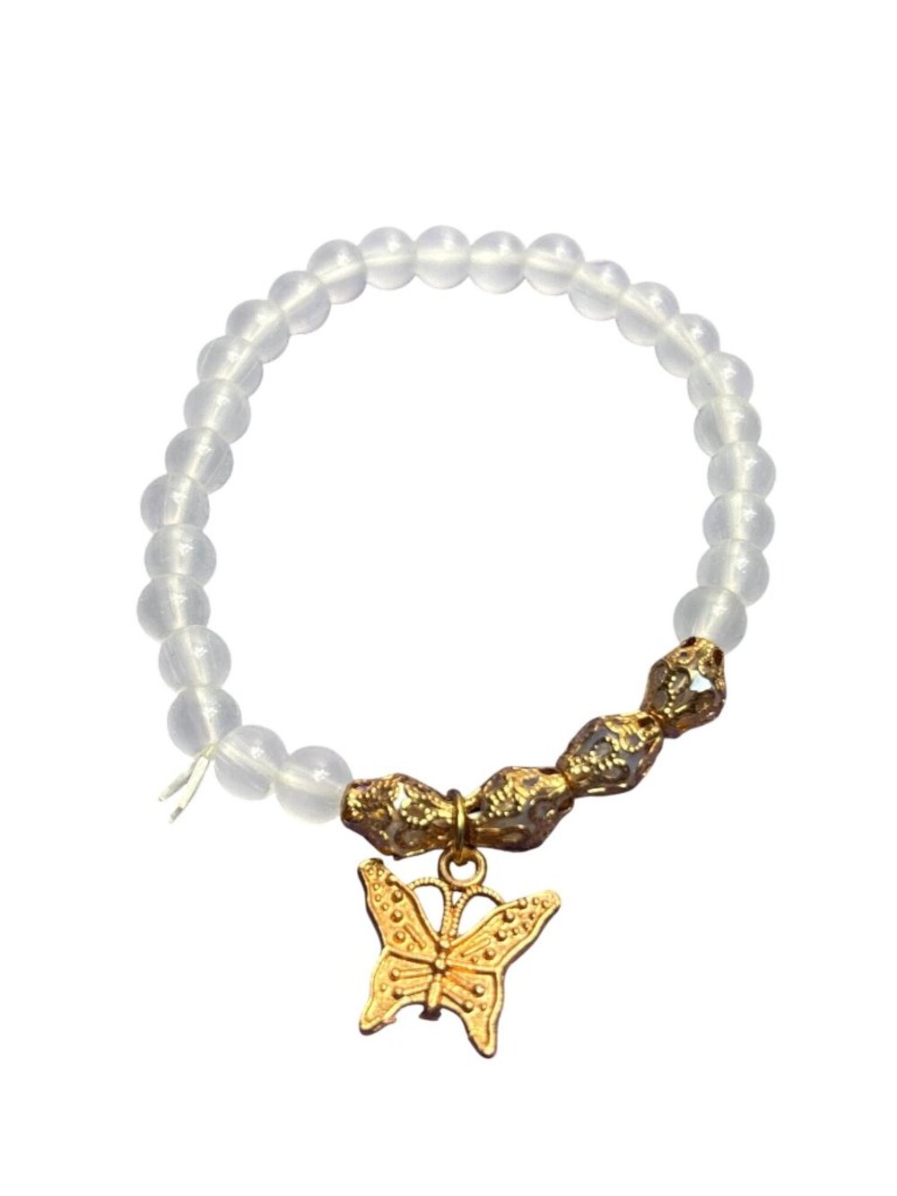 Glass Goldtone Filigree Beaded Stretchy Bracelet Butterfly Charm Unstretched